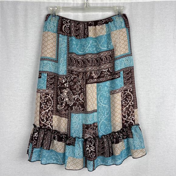 Vintage NO Boundaries Skirt Patchwork Brown Floral Paisley Slip Midi Fairy Y2K - Picture 4 of 5